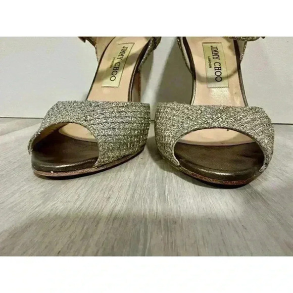 Jimmy Choo Gold Coarse Glitter Peep Toe Ankle Strap‎ Sandals Size 35 1/2 - Picture 14 of 16